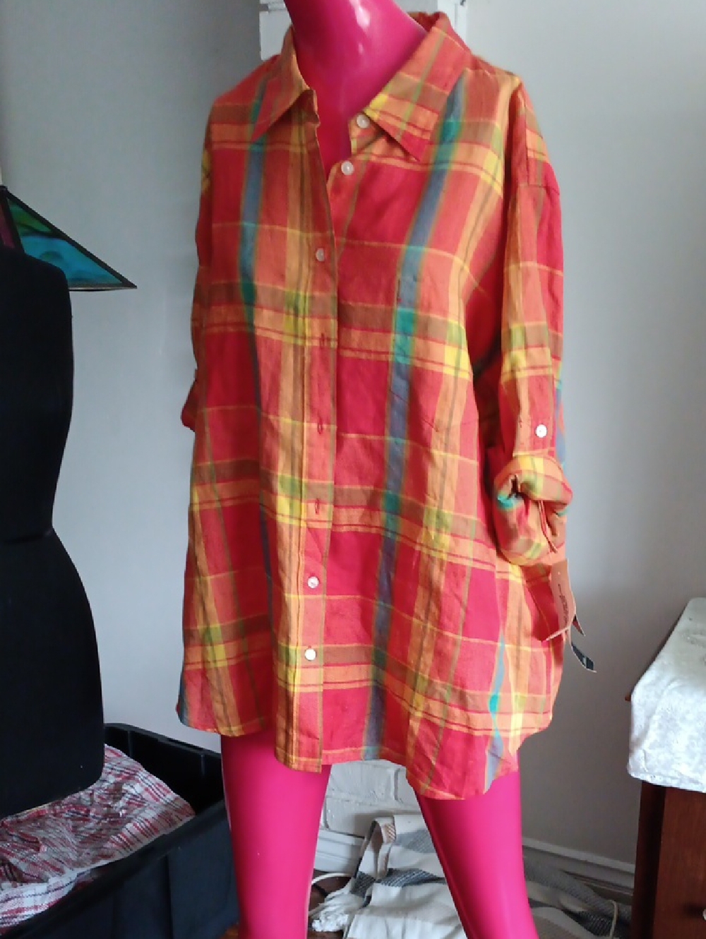 Jones New York Signature Plaid Linen Shirt - Red, Yellow & Teal